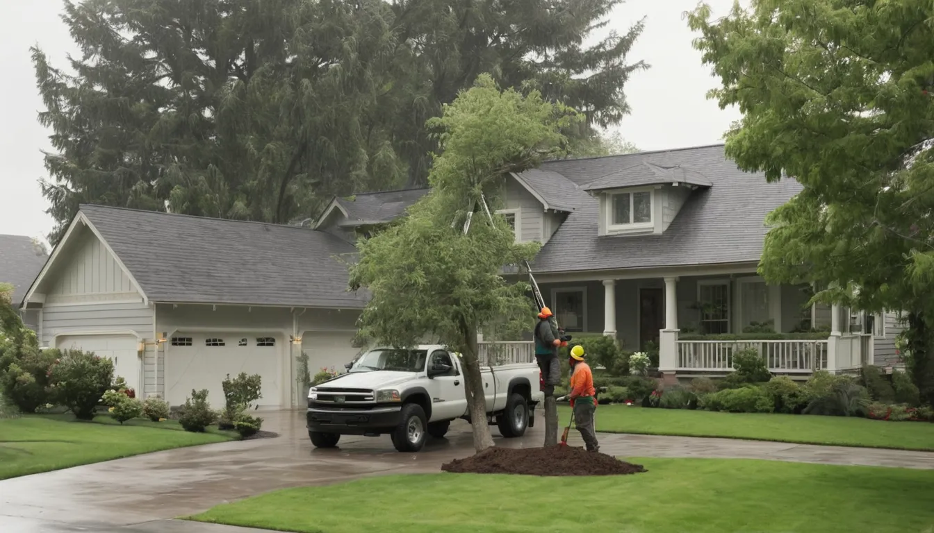A tree removal provider cutting a large backyard tree in sections near a frame house in Warren